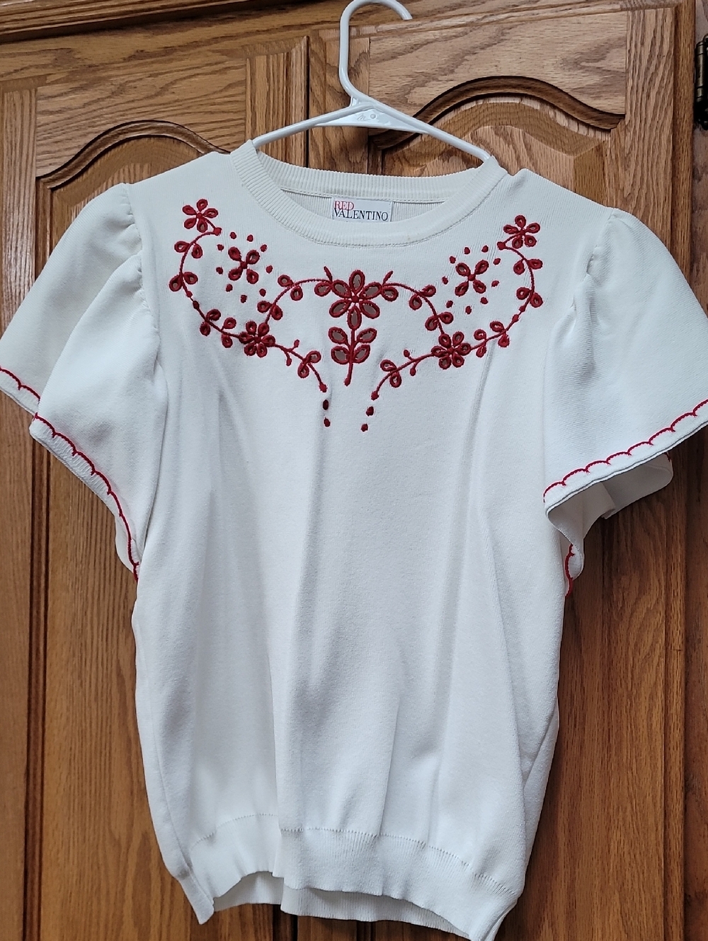 RED VALENTINO  White Top with Red Floral Embroidery